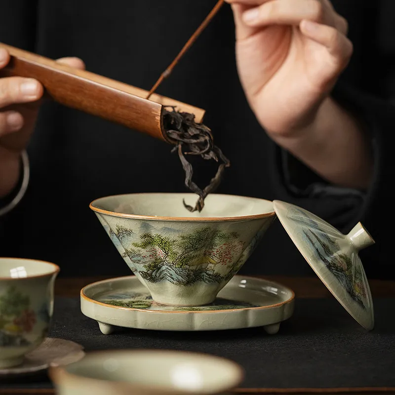 Celadon Ceramic Cup - Jingdezhen-keramische theekop met bamboehoed, traditioneel handgemaakt