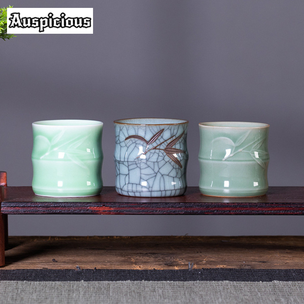 Celadon Ceramic Cup - 70Ml Creatieve Bamboe Bladvormige Keramische Theekopje